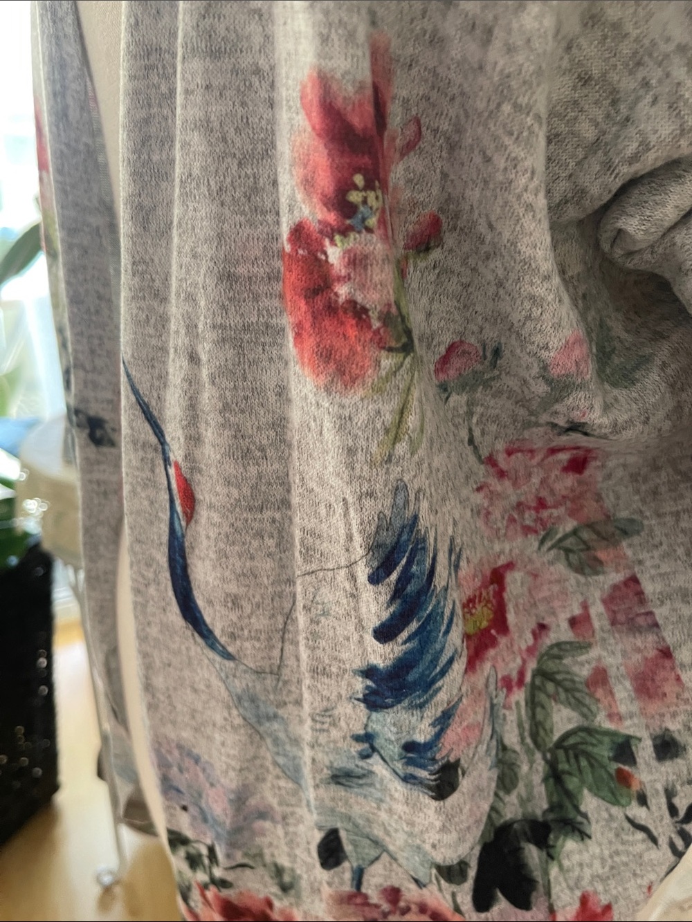 Gray Floral Open Front Cardigan with Crane Motif